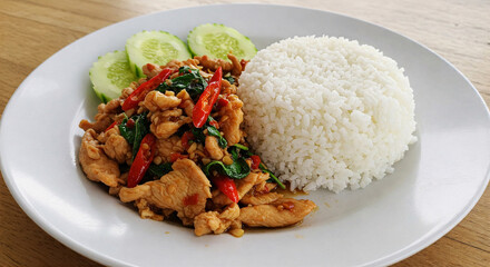 A plate of  stir-fried basil with a chicken beside a jasmine rice.