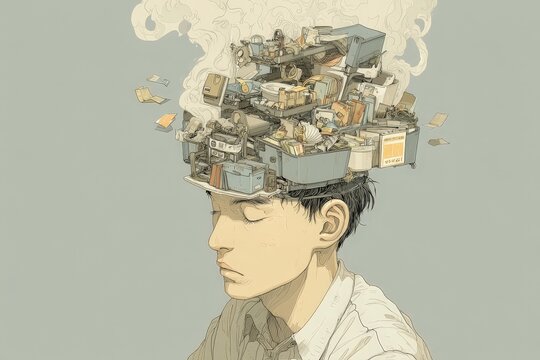Creative depiction of a person with a cluttered mind full of thoughts and ideas