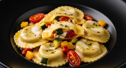 A ravioli with vegetable,tomato and cheese in a black ceramic plate