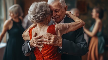 Fototapeta premium Elderly couples dancing traditional Argentine milonga at a nursing home, expressing joy, connection, and passion through movement in later life
