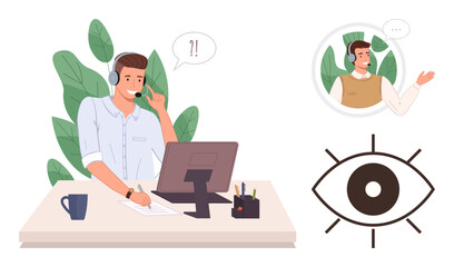 Customer service representative wearing a headset at a desk, talking and observing interactions. Ideal for customer service, remote work, communication, support, observation, interaction, simple flat