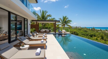 Fototapeta premium Luxury Villa Oceanfront Infinity Pool - Stunning ocean view from a modern villa with infinity pool and lounge chairs. Relaxing tropical getaway