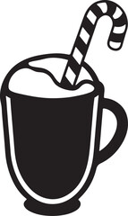 festive cocoa or eggnog with candy silhouette, black and white silhouette, vector and illustration