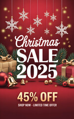 Red Christmas Sale 2025 Banner 45 Percent Off Discount 3 D Gifts Snowflakes Bells Gold Ornaments Festive Holiday Web Banner Poster Label