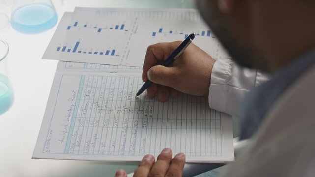 Hands of male laboratory technician recording experiment results in report beside printed bar charts and glassware on desk. Close-up view