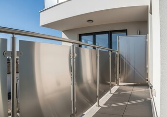 Modern Balcony Design with Stainless Steel Railing - Sleek and contemporary balcony design featuring brushed stainless steel panels and railing.