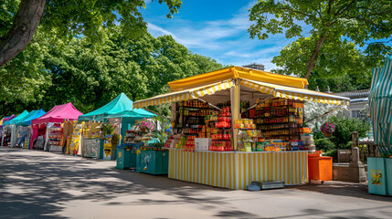 Colorful outdoor market stall selling snacks and drinks on a sunny day, surrounded by green trees and vibrant tents in a lively park atmosphere.