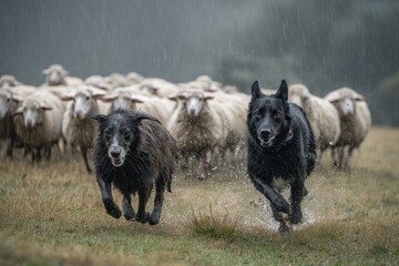 Dogs herd sheep through rain during late afternoon in a rural pasture
