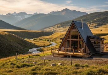 Obraz premium Mountain View A-Frame Cabin Retreat - Secluded A-frame cabin nestled in a scenic mountain valley, symbolizing tranquility, adventure, nature, escape, and renewal