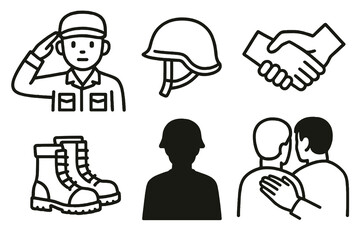Cartoon icons in black and white for military service. Minimal, clear design.