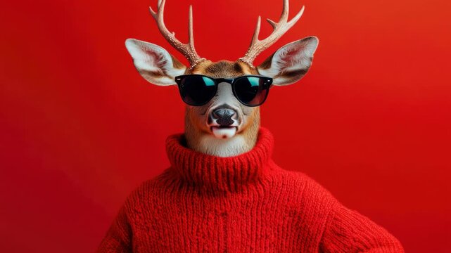 A playful holiday-themed portrait featuring a person wearing a reindeer costume with sunglasses and a red sweater, against a vibrant red background.