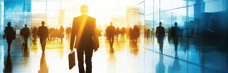 A vibrant scene depicting business professionals walking through a modern office lobby illuminated by sunlight. The reflections and silhouettes create a dynamic atmosphere of corporate life.