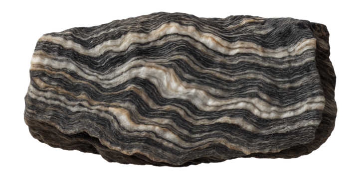 Migmatite piece with mixed banding of light and dark minerals