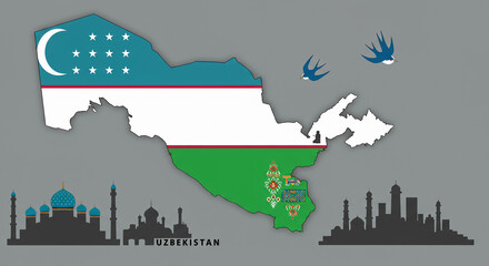 Modern design integrating Uzbekistan’s sky-blue flag with stars and swallow into the country's landlocked geographical shape. Ornamental Ikat patterns and ancient Silk Road city silhouettes