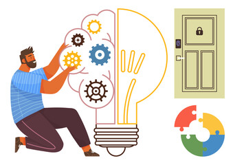 Man working on gears inside a light bulb symbolizing innovation. Locked door and puzzle pieces emphasize problem-solving, creativity, security. Ideal for teamwork, strategy, innovation, solutions