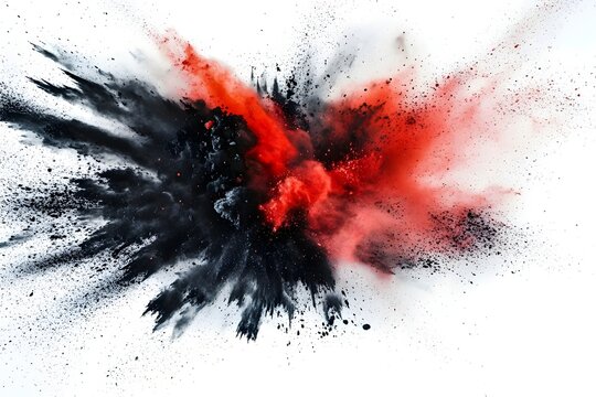 bright red and black paint color powder festival explosion burst isolated white background. 