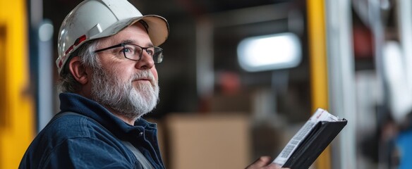 A thoughtful worker wearing a safety helmet and glasses holds a notebook, reflecting on tasks in a warehouse environment. The image captures focus and professionalism.