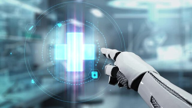 Close up of robotic hand point and tap at cross hologram with blurring laboratory background. Robot hand clicking at medical icon to access and connect medical data to diagnosis symptom. Salubrious.