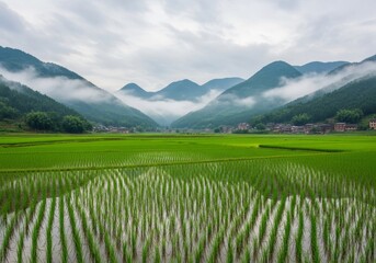 Obraz premium Serene Rice Paddies and Misty Mountains - Lush green rice fields stretch out before a backdrop of mist-covered mountains creating a tranquil and picturesque landscape