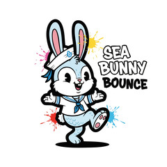 Cartoon Happy Sea Bunny Character Illustration with Colorful Splash Ornament