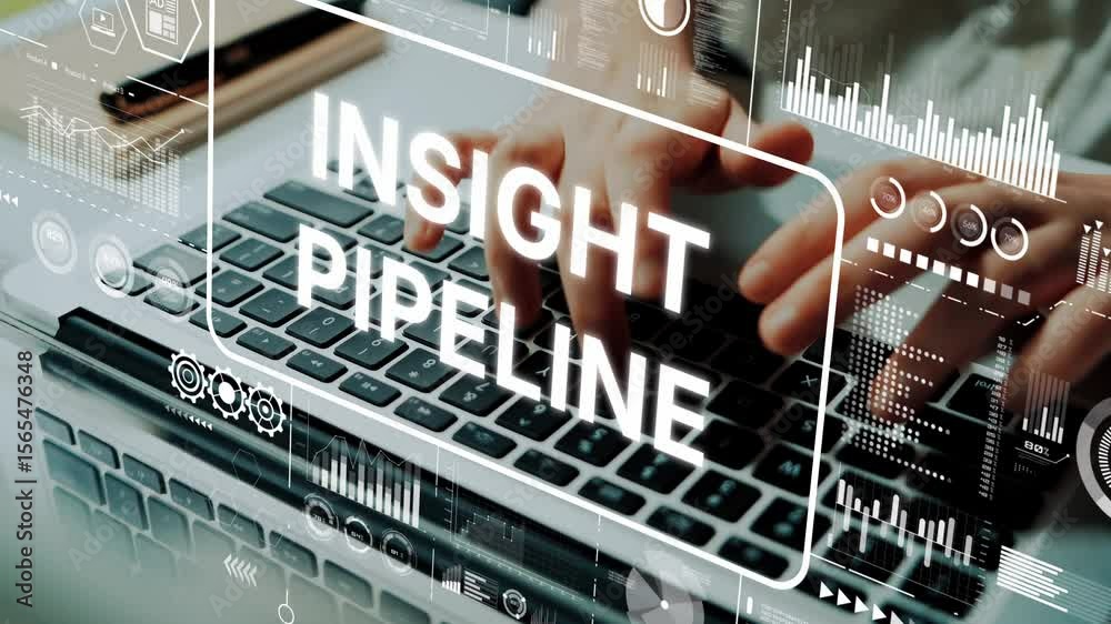 Poster innovative technology and data analysis concept with insight pipeline graphic on laptop keyboard. as