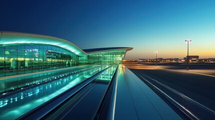 Stunning modern airport terminal architecture illuminated at dusk, showcasing sleek design and reflective surfaces. A peaceful urban landscape invites travelers.