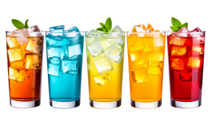 colorful soda glass with ice cubes isolated on transparent background.Summer pngs 