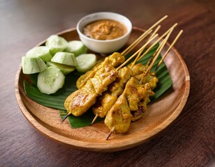 delicious malaysian chicken satay with peanut sauce ketupat and cucumber slices on a wooden plate