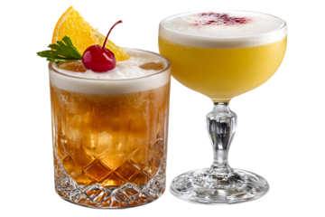 Two delicious cocktails with garnishes isolated on transparent background