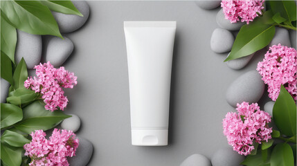 White Cosmetic Tube with Pink Flowers and Green Leaves