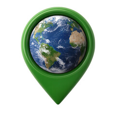 Green location pin with planet earth inside isolated on transparent background
