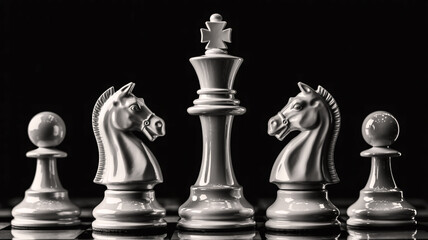 A high-contrast black and white photo features glossy chess pieces on a checkered board with dramatic lighting and a black background