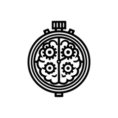 Fototapeta premium Minimalist vector logo of a brain with gears inside a stopwatch, symbolizing mental processing, productivity, time management, and cognitive efficiency.