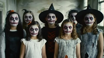 Group of children in spooky costumes with painted faces posing in an abandoned building
