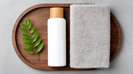 Skincare Bottle with Green Leaves on Clean White Background