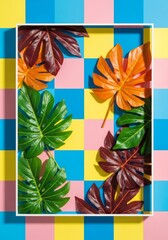 Obraz premium Tropical Leaves in a Colorful Frame - Vibrant tropical foliage arranged within a white square frame against a cheerful pink, yellow, and blue checkered backdrop.