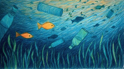 Underwater pollution with plastic bottles and fish