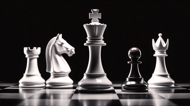 A high-contrast black and white photo features glossy chess pieces on a checkered board with dramatic lighting and a black background