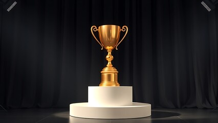 Golden trophy displayed elegantly on a pedestal against a dark backdrop.