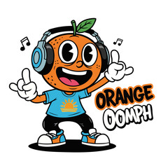 Retro Cartoon Orange Character Wearing Headphones Dancing Fruit Illustration