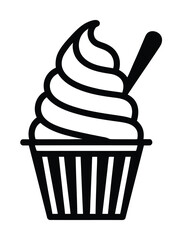 Title (140 characters): Minimalist black and white vector illustration of swirled ice cream in striped cup with spoon, ideal for dessert, summer, and food design.