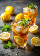 Fototapeta premium Iced lemon tea with lemon garnish in glass