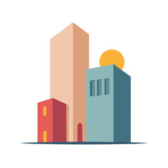 Naklejka premium Abstract cityscape with geometric buildings and sun illustration 