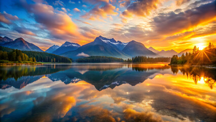Sunrise over calm lake with mountain reflection
