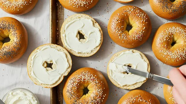 Close Up Of Hand Spreading Cream Cheese On Sliced Bagel On Baking Sheet