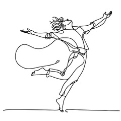 Carefree Mirth — ecstatic man in elegant theatrical pose, expressing boundless joy through minimalist single black line drawing. One line art.