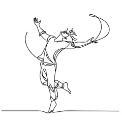 Carefree Mirth — ecstatic man in elegant theatrical pose, expressing boundless joy through minimalist single black line drawing. One line art.
