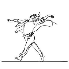 Carefree Mirth — ecstatic man in elegant theatrical pose, expressing boundless joy through minimalist single black line drawing. One line art.