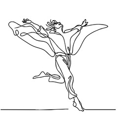 Carefree Mirth — ecstatic man in elegant theatrical pose, expressing boundless joy through minimalist single black line drawing. One line art.