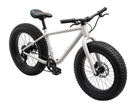 Fat bike with a white frame and oversized tires with reflective sidewalls